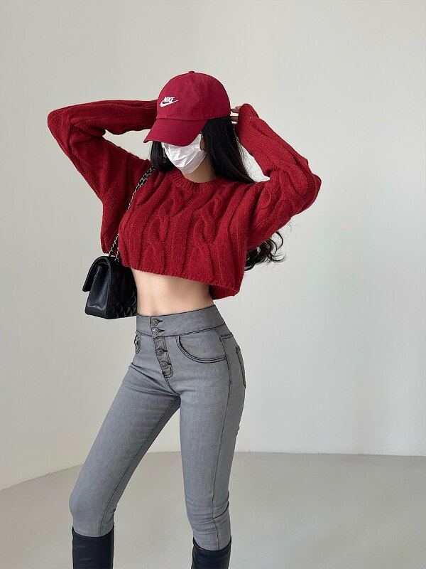 2023 Spring Vintage Round Neck Long Sleeve Sweater Women Twist Knitted Pullover Sweaters Crop Top Red Tops
