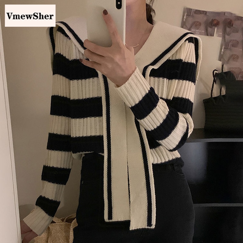 VmewSher New Autumn Spring Women's Clothing Strapping Sailor Collar Bow Sweaters Striped Long Sleeve Pullovers Knit Slim To