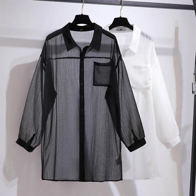 150Kg Plus Size Women's Bust 160 Summer Loose Casual Thin Long Sleeve Chiffon Shirt Long Top Black White 6XL 7XL 8XL 9XL 10