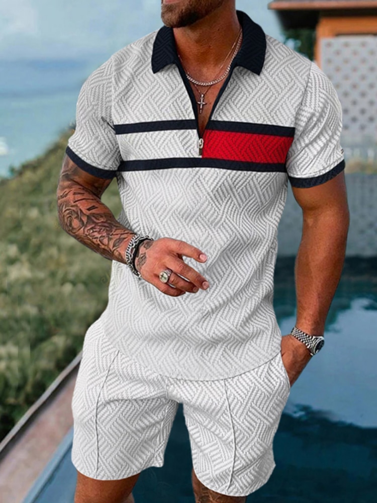 Summer Men High Quality Short Sleeve Zipper Polo Shirt Set Shorts Casual 2 Piece Outfit Tracksuit Streetwear Brand Clothing