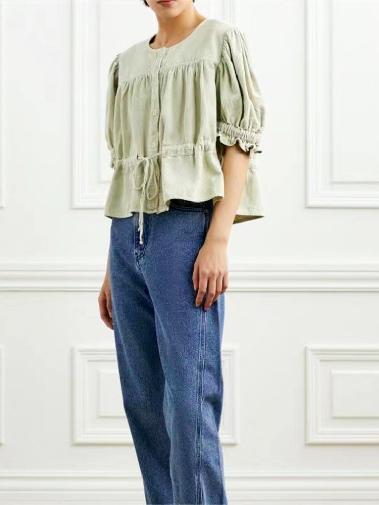 Women Solid Color Corduroy Waist Cotton Shirt Spring Summer 2023 New Lady Vintage Sweet Cute O-Neck Drawstring Cropped Blouse