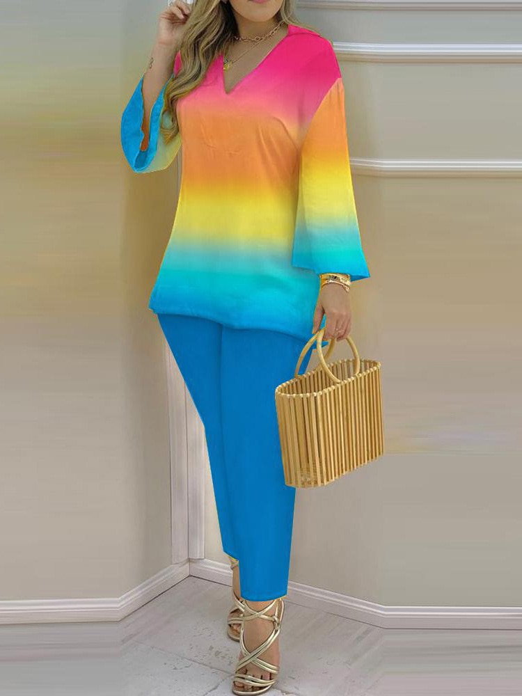 V-Neck Pullover Top Elastic Waist Trousers 2PCS Women Spring Summer Matching Set New Slim Fit Printed Ladies Outfit Dropshipping