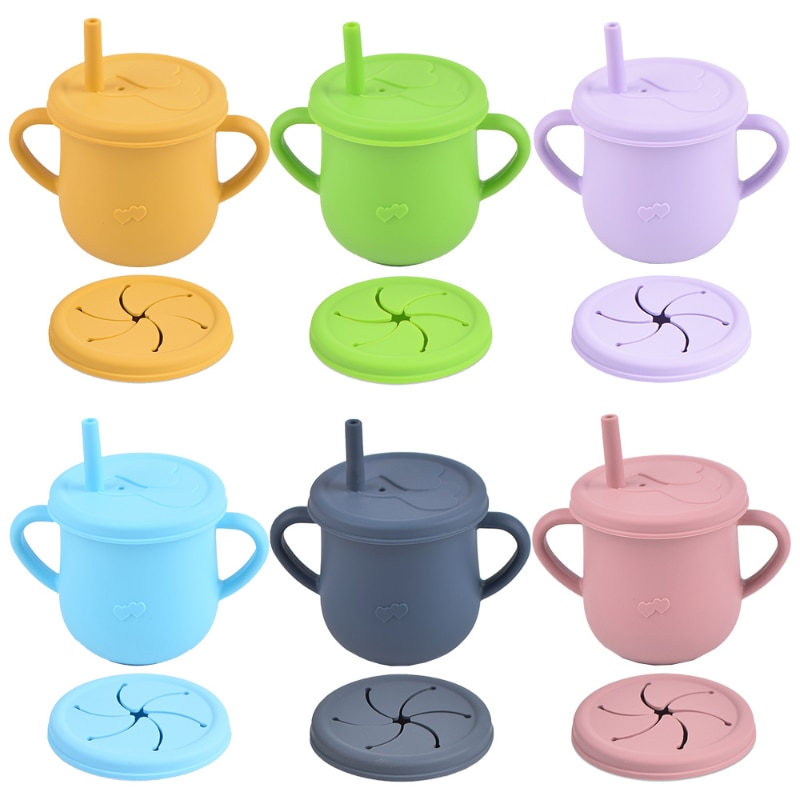 BPA Free Straw Cups for Baby with Double Lids Silicone Food Storage Box Baby Snack Cup Portable Snack Container with Lid Kid Cup