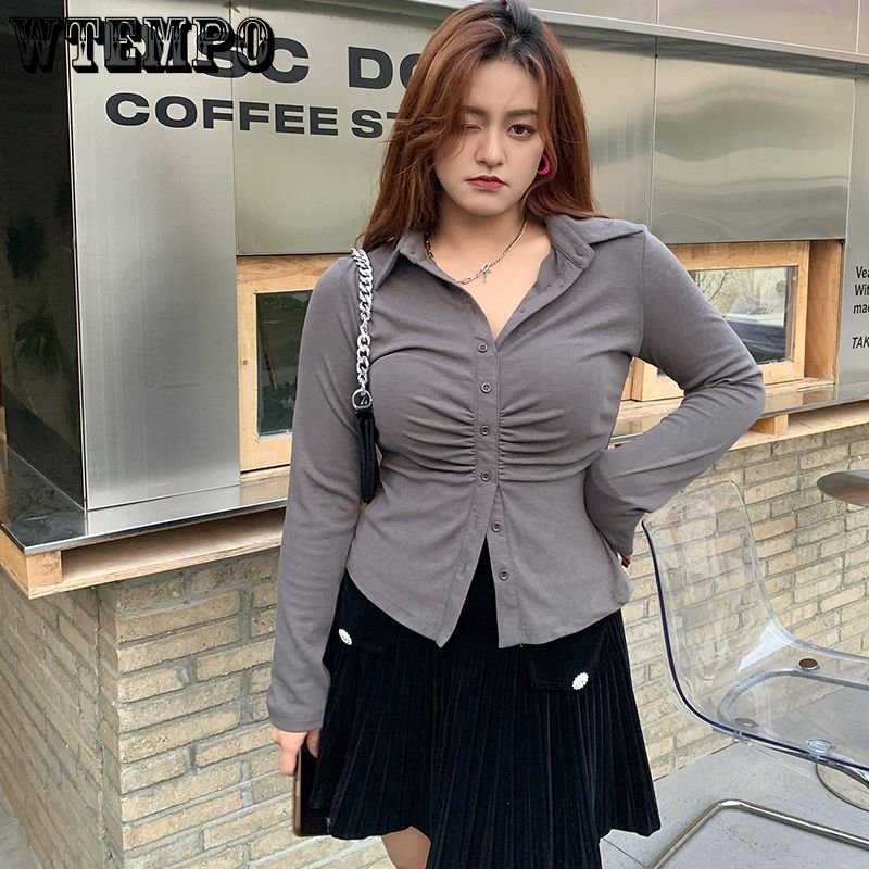 Large Women's Waistband Pleated Shirt Long-sleeved Shirt Design Sense Top Drop Shipping