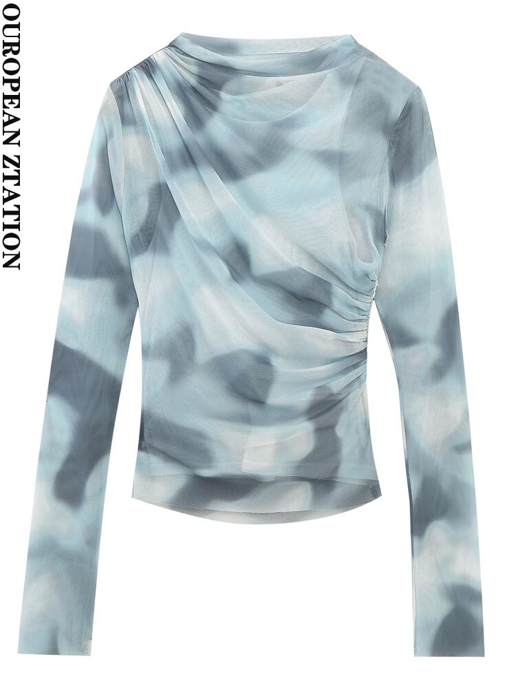 PAILETE Women 2023 fashion with ruched printed tulle blouses vintage high neck long sleeve female shirts blusas chic tops