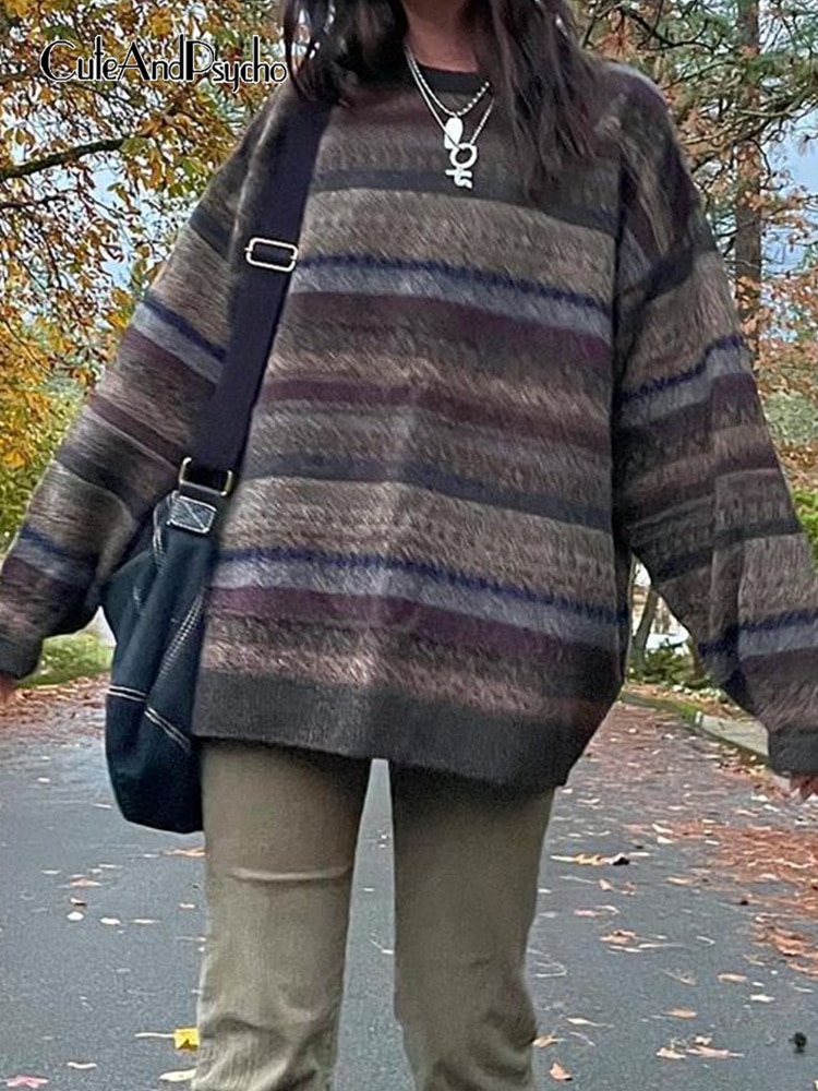 Rapcopte Y2K Printed Vintage Sweaters O Neck Full Sleeve Loose Fairycore Grunge Jumpers Grandpa Autumn Winter Pullovers Women