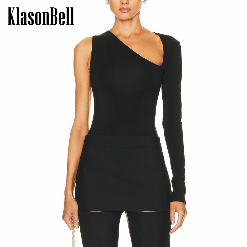 2.7 KlasonBell Fashion Black One Shoulder Long Sleeve Slim Bodysuit T-Shirt Women
