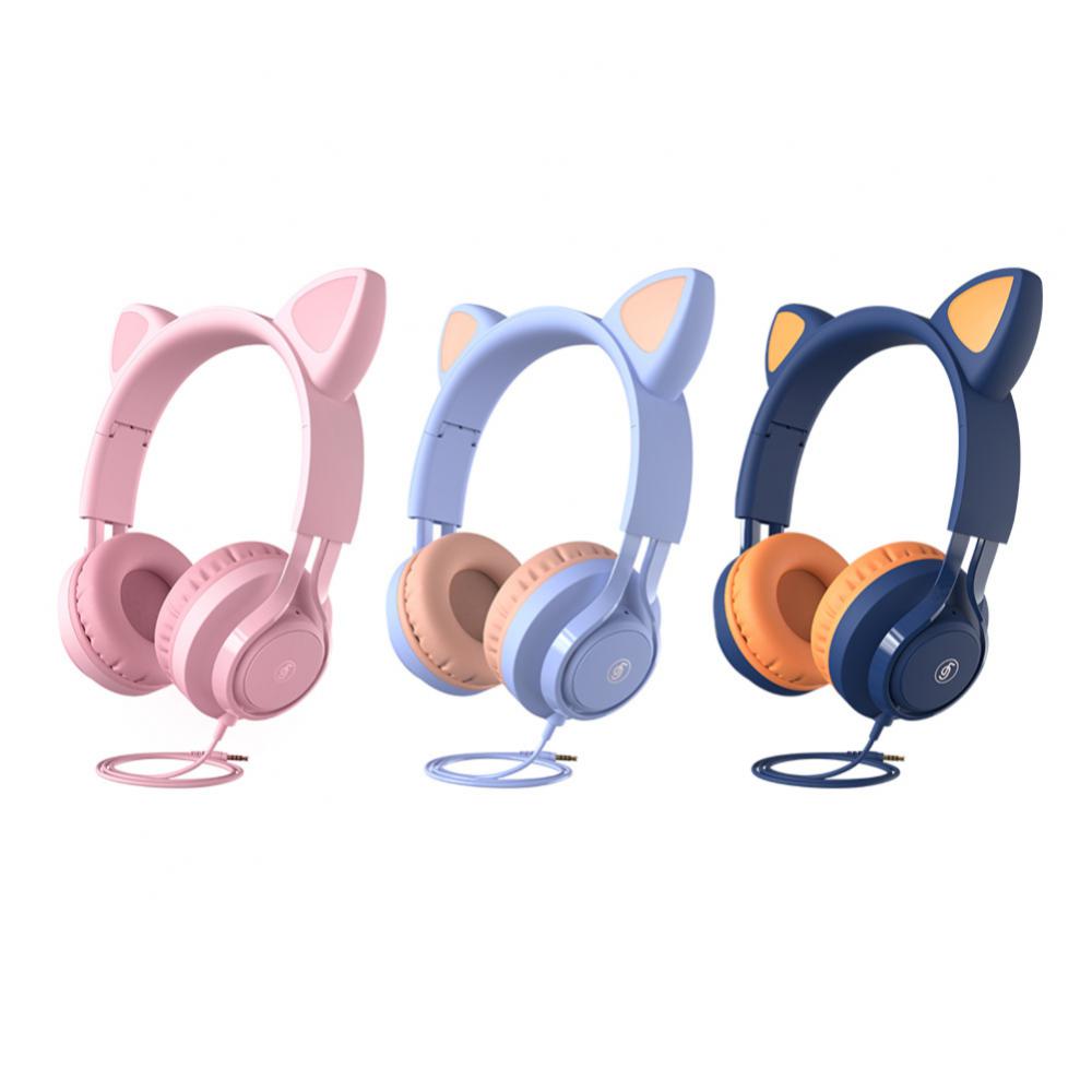 For Phone Laptop Headset Earphones Premium Bass Sound Hearing Protection Headphone Cat Ear Cartoon Wired Headphones