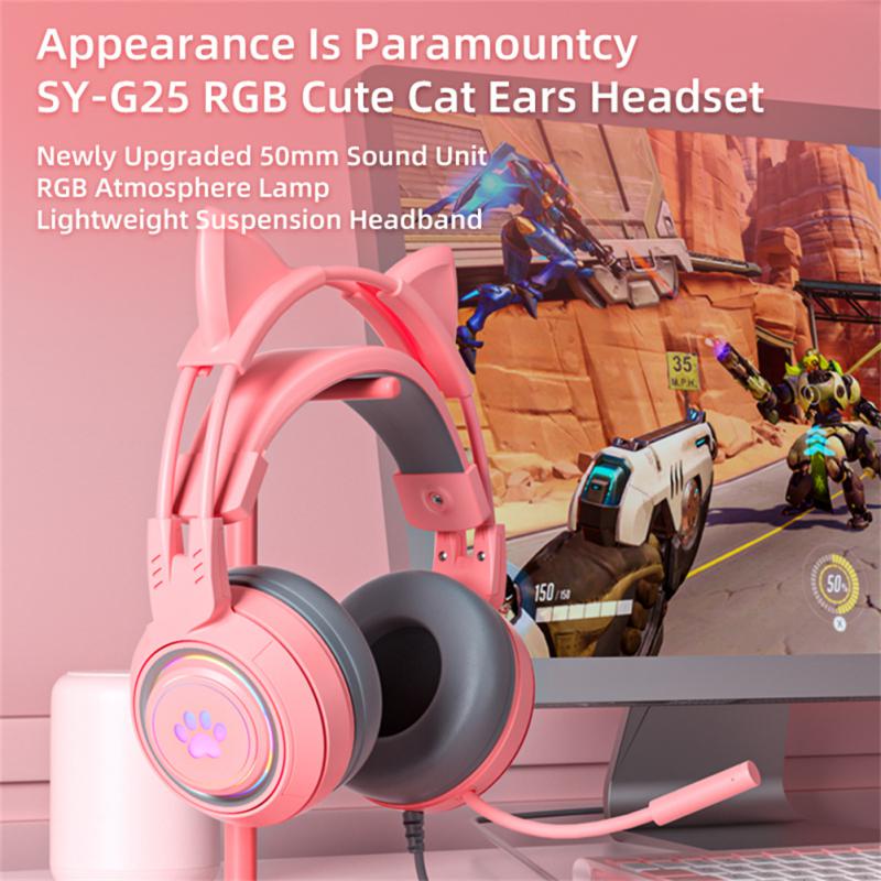 Sy-g25 Detachable Cat Ear Gaming Headset For Ps4 Ps5 Earphone With Mic Surround Stereo Wired Headset