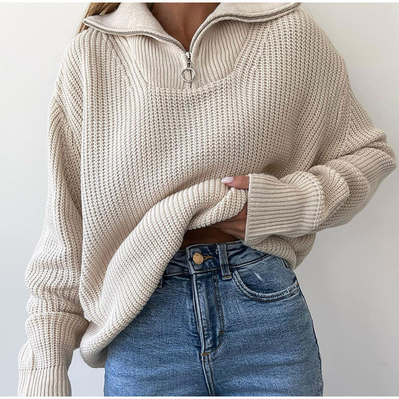 Women's Turtleneck Zippers Fashion Women Sweaters Solid Green Blue Pullover Long Sleeve Casual Knitted Sweater Woman Winter