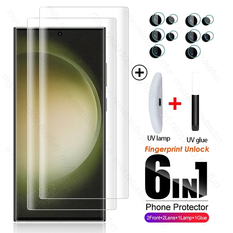 UV Full Glue Tempered Glass Cover for Samsung Galaxy S23 Ultra S 23 Plus S23+ 5G Fingerprint-Unlock Screen Protectors Lens Film