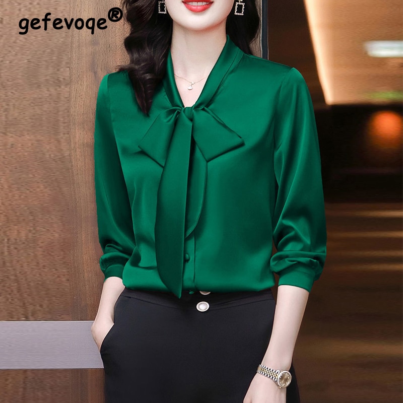 Bow Lace Up Fashion Elegant Chic Office Lady Business Casual Shirts High Quality Solid Loose Long Sleeve Top Blouse Women Blusas