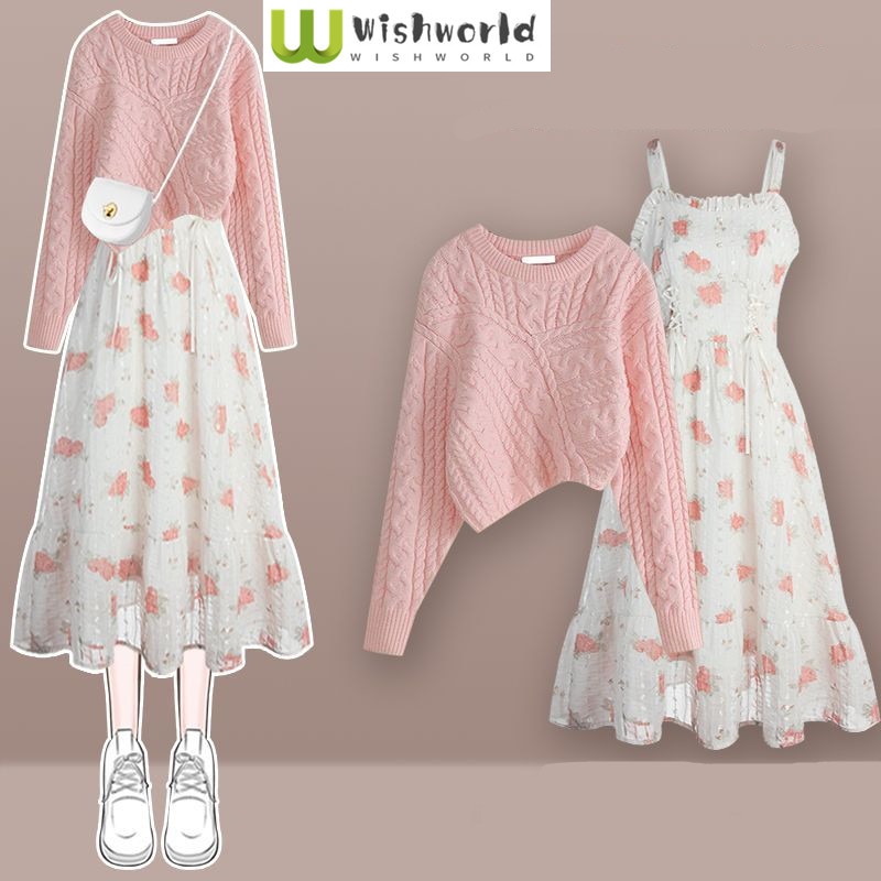 Korea Asymmetric Thickened Knitted Sweater Pullover Fashion Print Strap Dress Two Piece Elegant Women's Party Dress