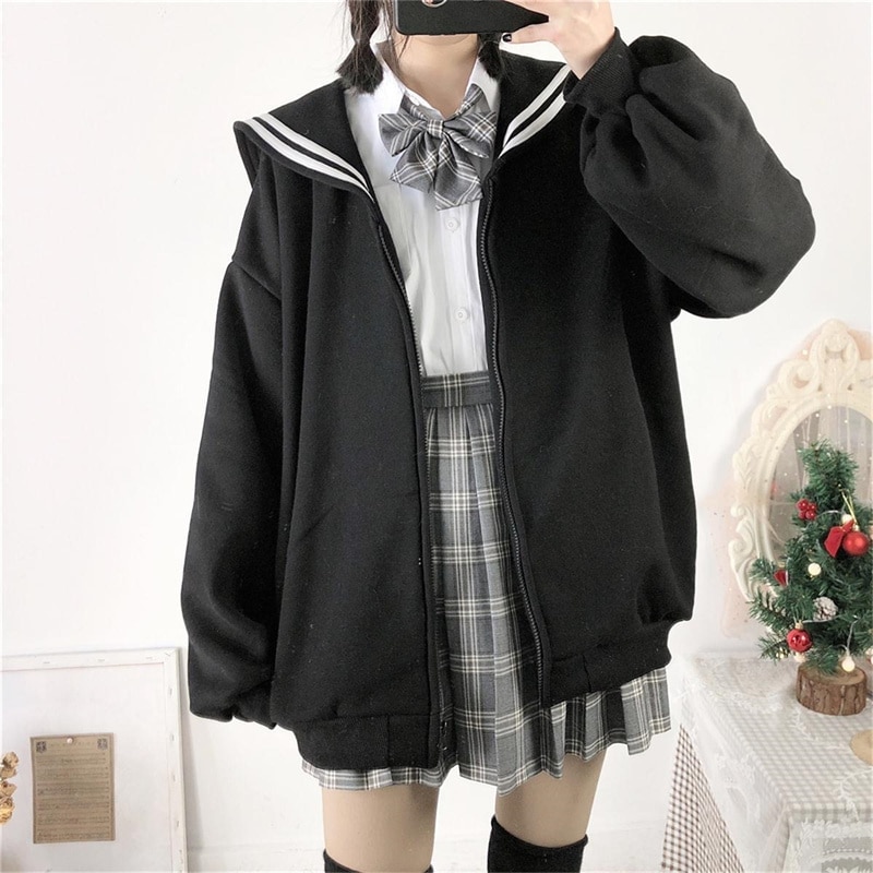 1PC Kawaii Black Zip Up Hoodie Women Sailor Collar Sweatshirt Japanese Streetwear Soft Girl Fashion Oversized Sweatshirt
