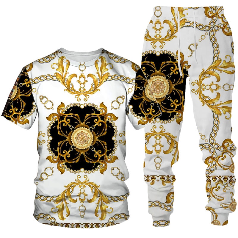 New Spring Summer Clothes for Men Set Casual Fashion Chain Series Printed T-Shirt /Sweat Pants Streetwear Men's Clothing