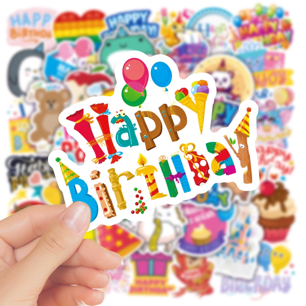 50Pcs Cartoon Happy Birthday Stickers Cake Candle Sticker For Waterproof Suitcase Phone Case Decoration Girl Essential Stuff