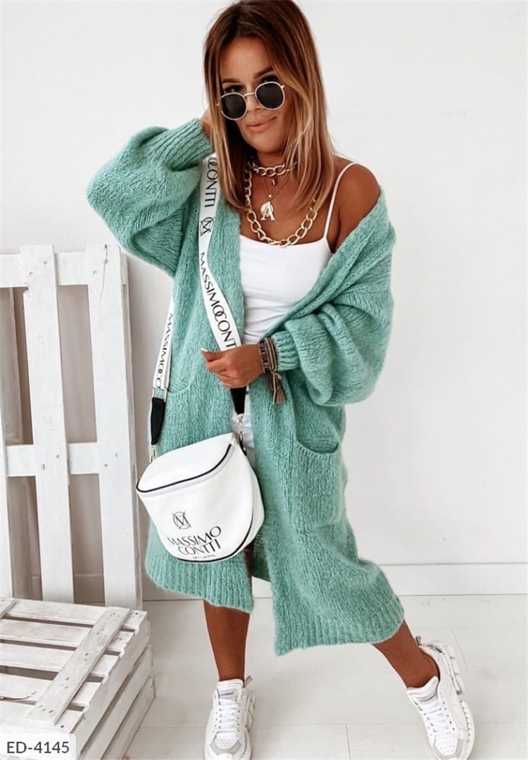Causal Green Long Cardigan for Women Sweater Y2k Cardigans Knitwears New In Outerwears Elegant Sweaters Wool & Blends Coat M