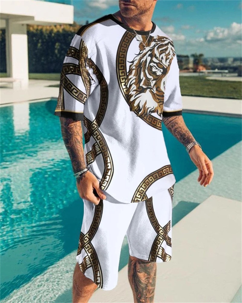 2 Piece Set Outfits Streetwear Summer European and American Oversized Men Tracksuit Beach Style 3D Printing T-shirt Shorts Suit