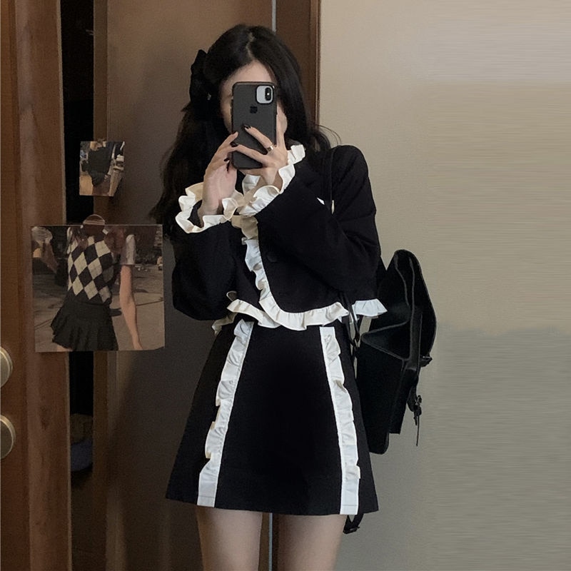 Autumn New Fashion Black Skirt Suit Women Korean Design Ruffled Contrast Color Cropped Jackets+mini Skirts Woman Sets