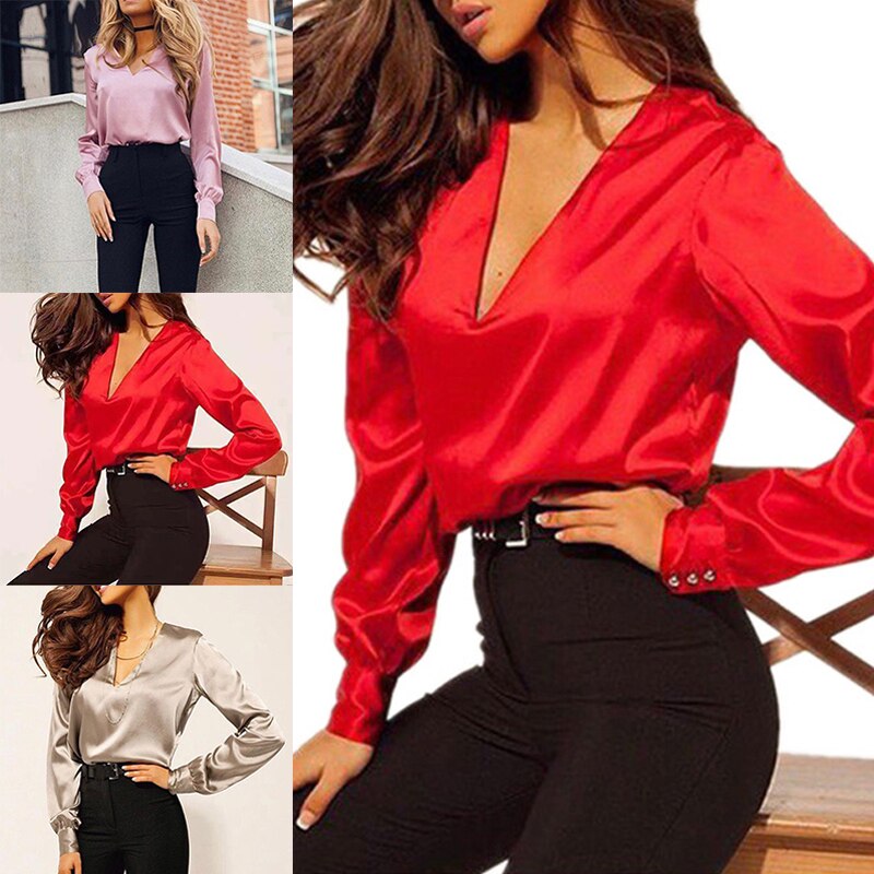 Women'S V-Neck Shirt Elegant Burgundy Green Satin Shirt Lapel Long-Sleeved Women'S Formal Office Women'S Top