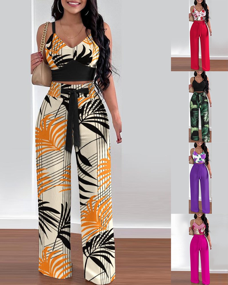 Spring Fashion Printing Two Piece Set Women Sexy Temperament Printing Vest High Waist Wide Leg Pants Two Piece Set Women