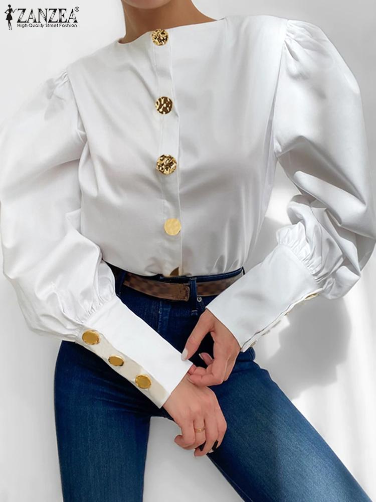 ZANZEA Fashion Women White Shirts Elegant O-neck Puff Sleeve Blouses Casual French Retro Blusas 2023 Spring Chic Button Up Tops