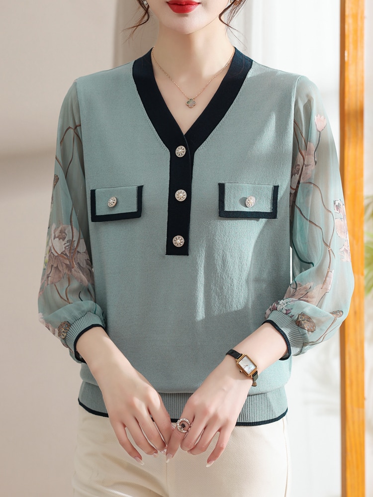 Women Sweater Pullovers Summer Clothes For Women Crop Top Casual Knitted T Shirt Print Chiffon Sleeve O Neck T-Shirts