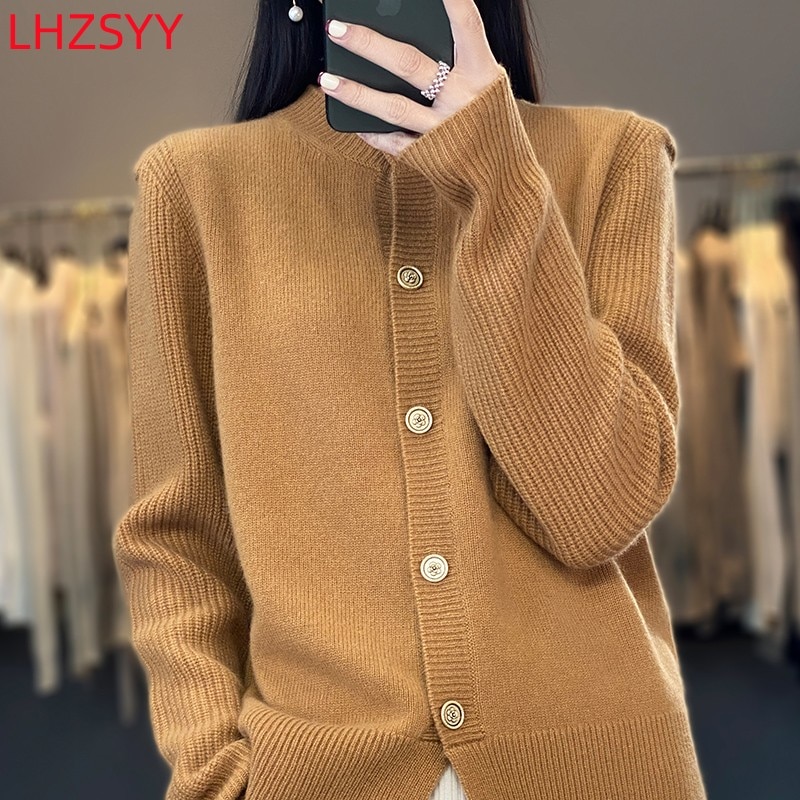 LHZSYY 100% Pure Wool Cardigan Women's Knit Jacket Spring/Autumn New Round Neck Coat Sweaters High-end Loose Casual Bottom 