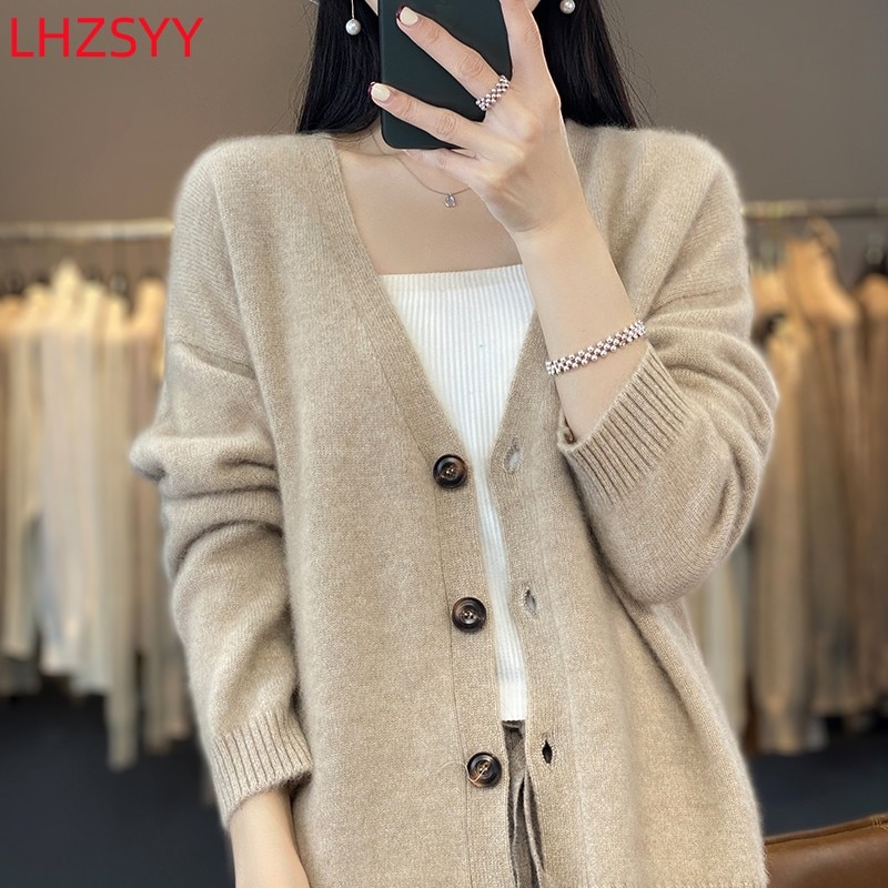 LHZSYY Women's New 100% Pure Wool Cardigan Autumn Long-Sleeved Coat V-neck Female Jacket Thick Sweaters Large size Knit Shi