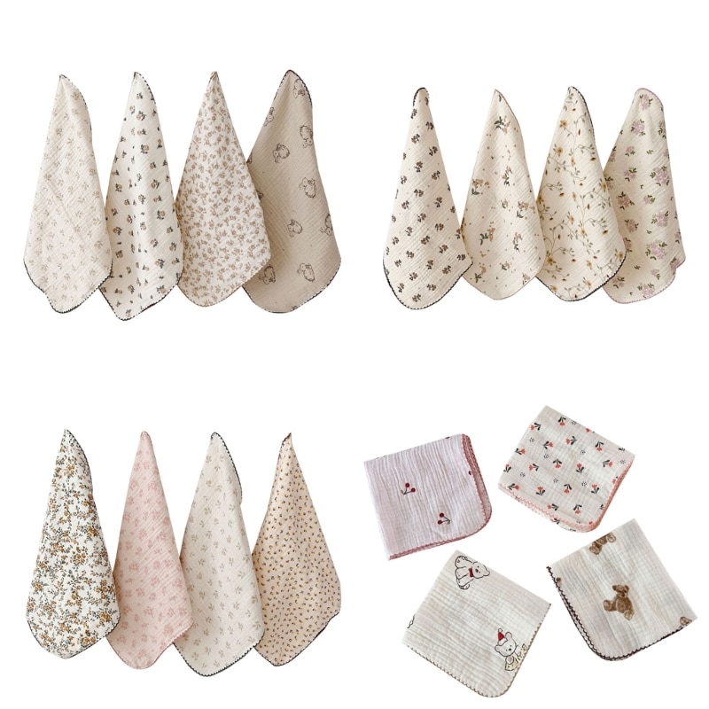 H37A Muslin Towel Face Cloth for Babies Skin Friendly Multi-use Handkerchief Bib 4pcs