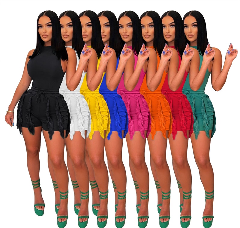 Women Solid 2 Piece Set Sleeveless Tank Bodysuits Top Tassel Shorts Matching Suits 2023 Summer Yoga Fitness Tracksuits Outfits