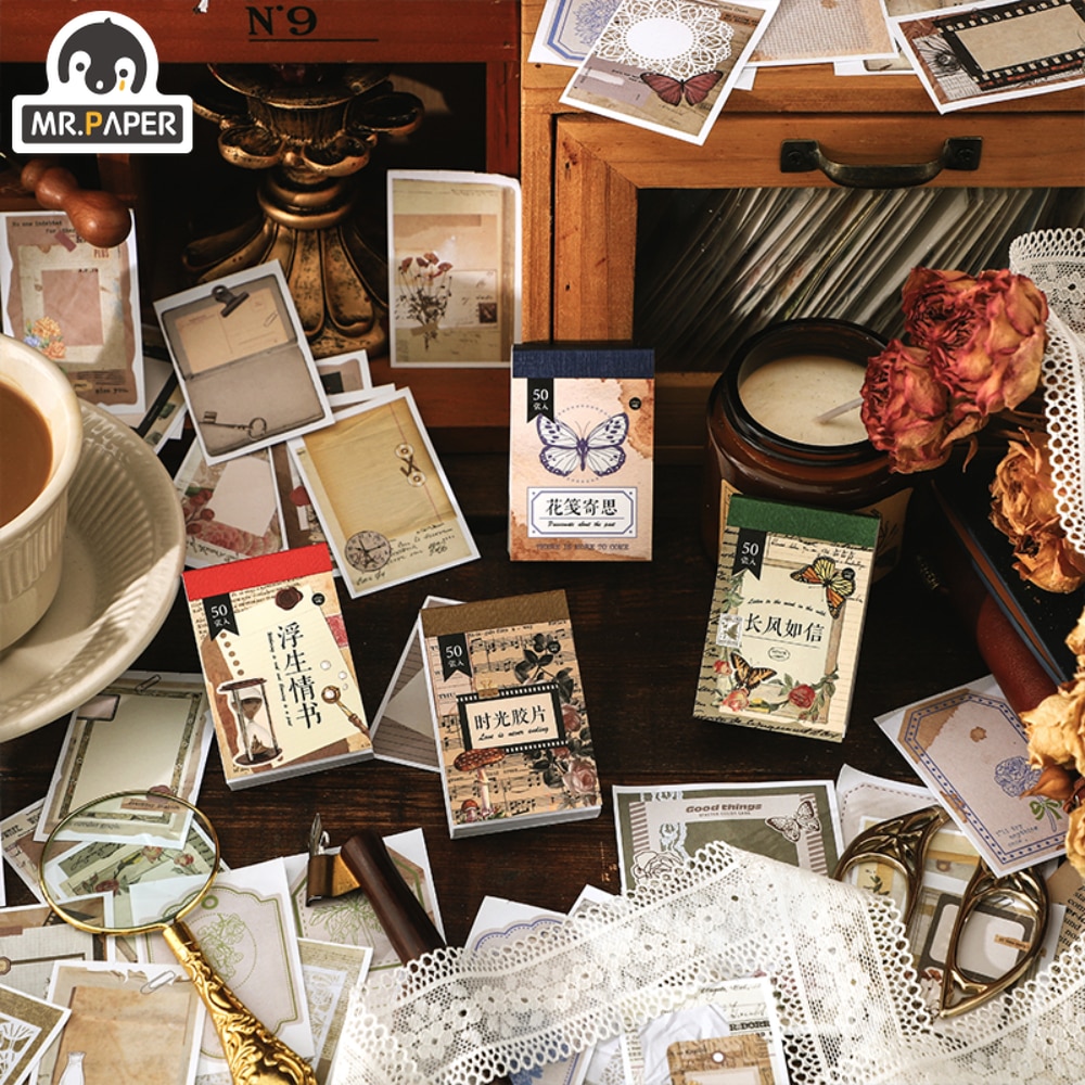 Mr. Paper 4 Style 50pcs/book Vintage Flower Washi Sticker Creative Film Film Hand Account Material Decorative Stationery Sticker