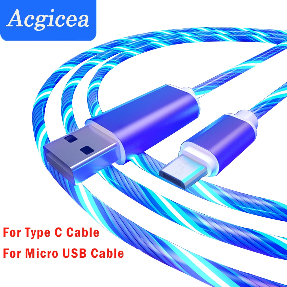 Mobile Phone Charging Data Cable Glowing Light Cable Micro USB Type C Charge Wire Cord Flowing Light Colorful for Samsung Xiaomi