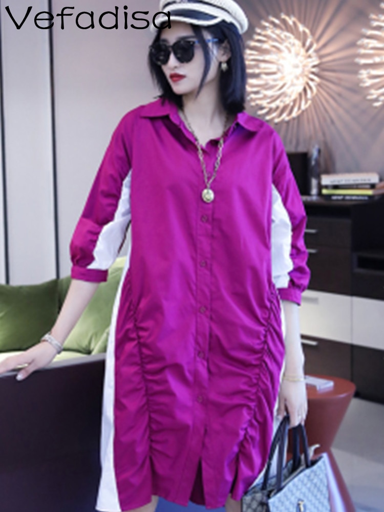 Vefadisa 2023 Spring Autumn Causal Color Contrast Large Women Thin Long Sleeve Shirt Trend Splice Polo Collar Leisure Top LWL327