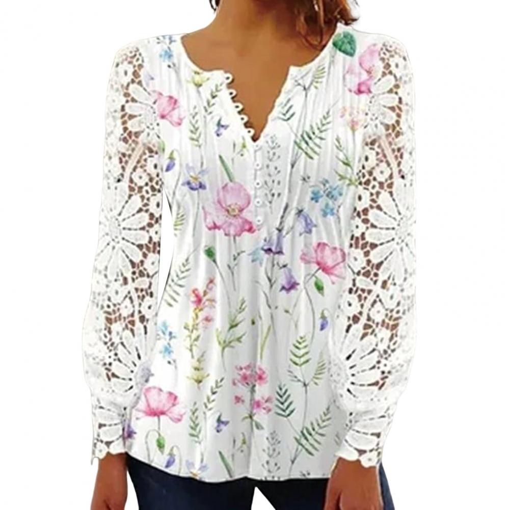Women T-shirt Flower Pattern Hollow-out Lace Sleeves V Neck Slim Fitting Single Breasted Dress Up Cotton Blend Summer Lace Patch