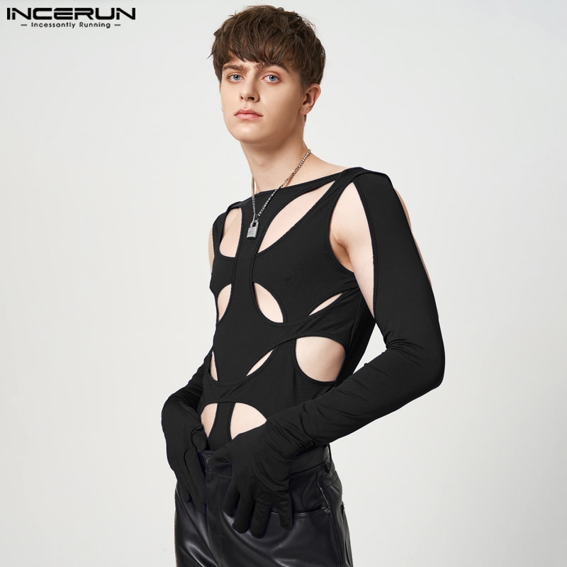 Stylish Well Fitting New Men Bodysuits INCERUN Hollow Structural Splicing Jumpsuit Fashion Male Triangular Thimble Rompers S-5XL