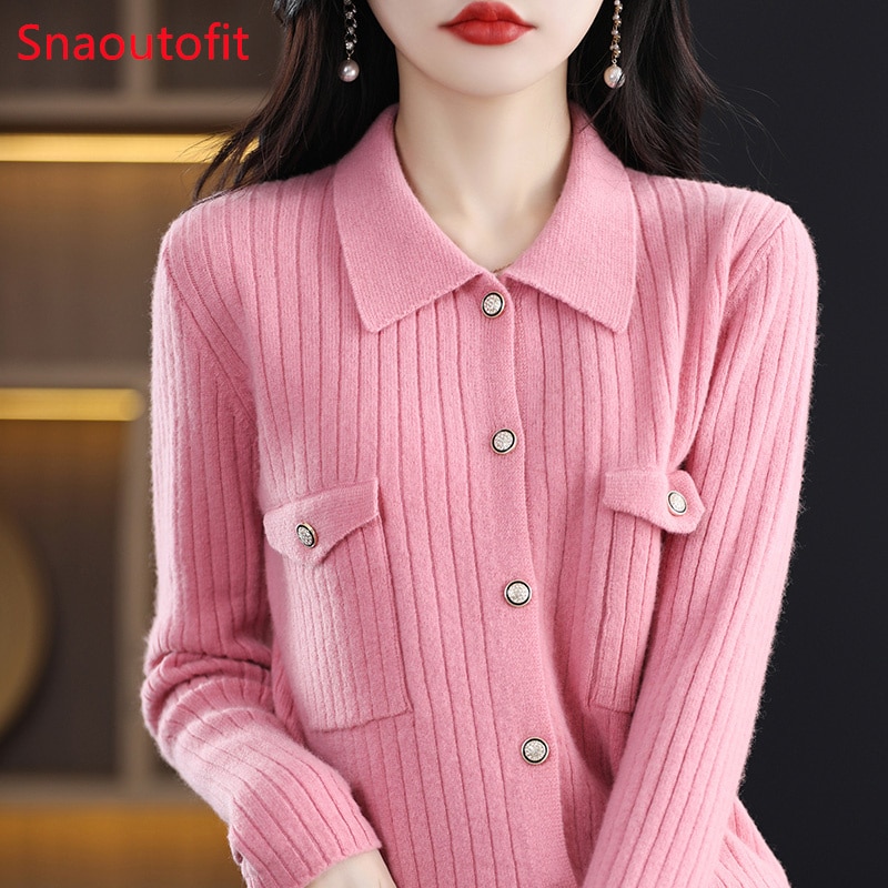 Female Spring and Autumn Pure Wool Cardigan POLO Neck Sweater Knitted Coat Women's Top Loose Leggings Women's Style Lo