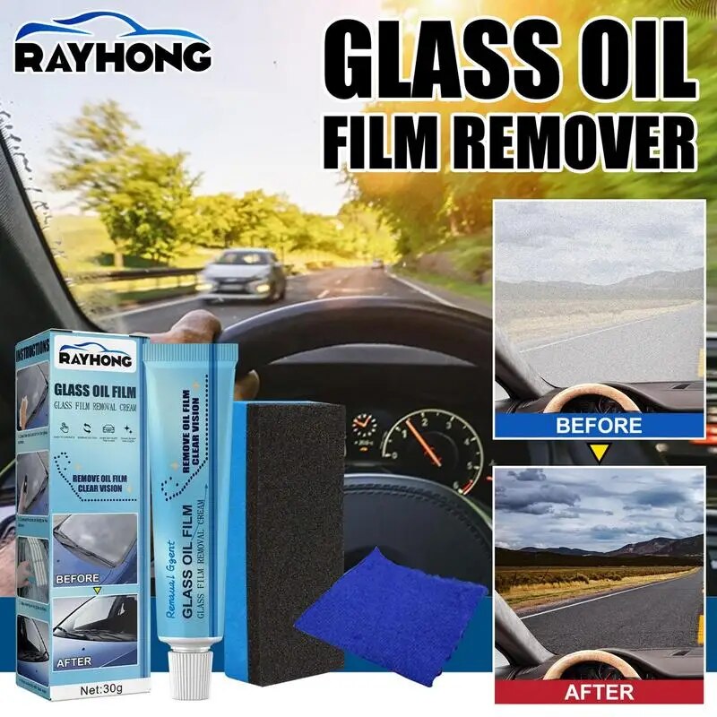 Car Glass Cleaning Paste Auto Glass Film Removal Cream Car Windshield Polish Degreaser Mirror Oil Film Remover With Sponge Towel