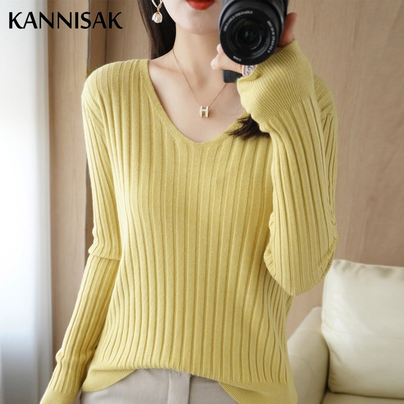 Autumn Winter Women Sweater V-neck Warm Pullovers Korean Long Sleeve Basic Tops Slim Fit Bottoming Shirt High Strecth Jumpers