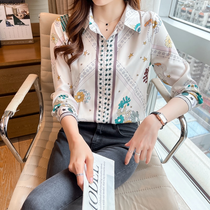 Summer Blouse Long Sleeve Top Female Clothing Korean Fashion Polo Shirt Poplin Casual Loose Button Up Movafag