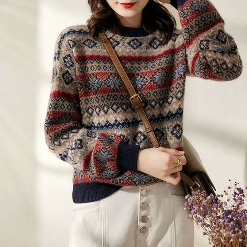 2022 Autumn Winter Women's Vintage Christmas Sweater New Round Neck Pullover Woman Thick Knitted Tops Lazy Thick Ethnic Swe