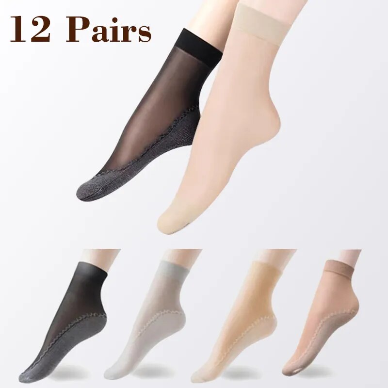 12Pairs Spring Summer Women Soft Socks Velvet Silk Socks Non-Slip Bottom Splice Transparent Ladies Ultrathin Breathable Sock