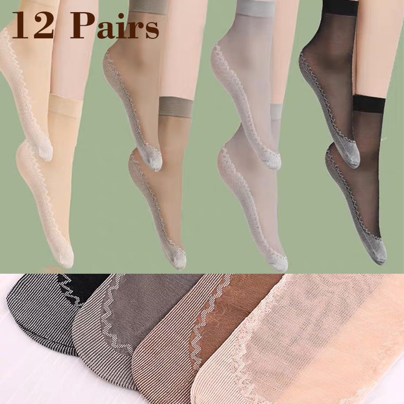 12Pairs Spring Summer Women Soft Socks Velvet Silk Socks Non-Slip Bottom Splice Transparent Ladies Ultrathin Breathable Sock
