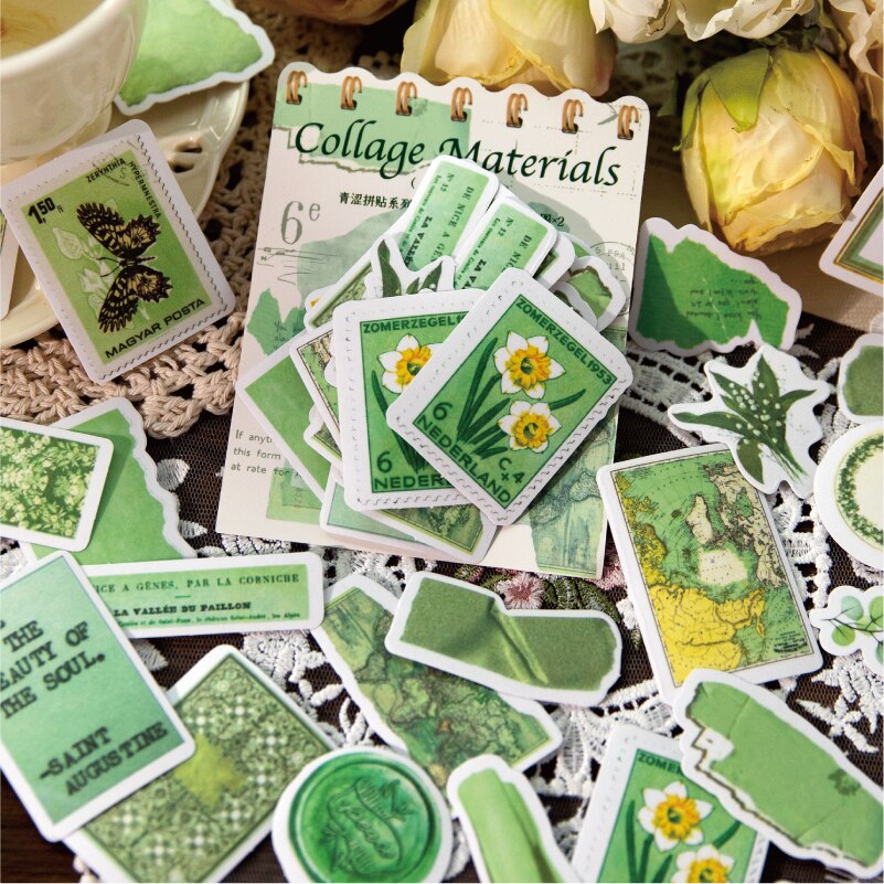 MOHAMM 40pcs Retro Green and Astringent Stickers for Scrapbooking Collage Materials Decorative Painting