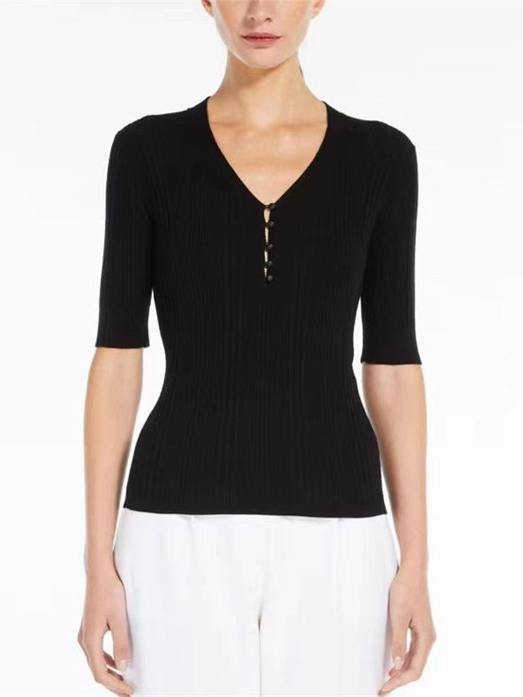 Women Solid Color V-Neck Wool Knitted Pullover 2023 Early Spring Ladies Half Sleeve Buttons Decor Sweater Female Tops