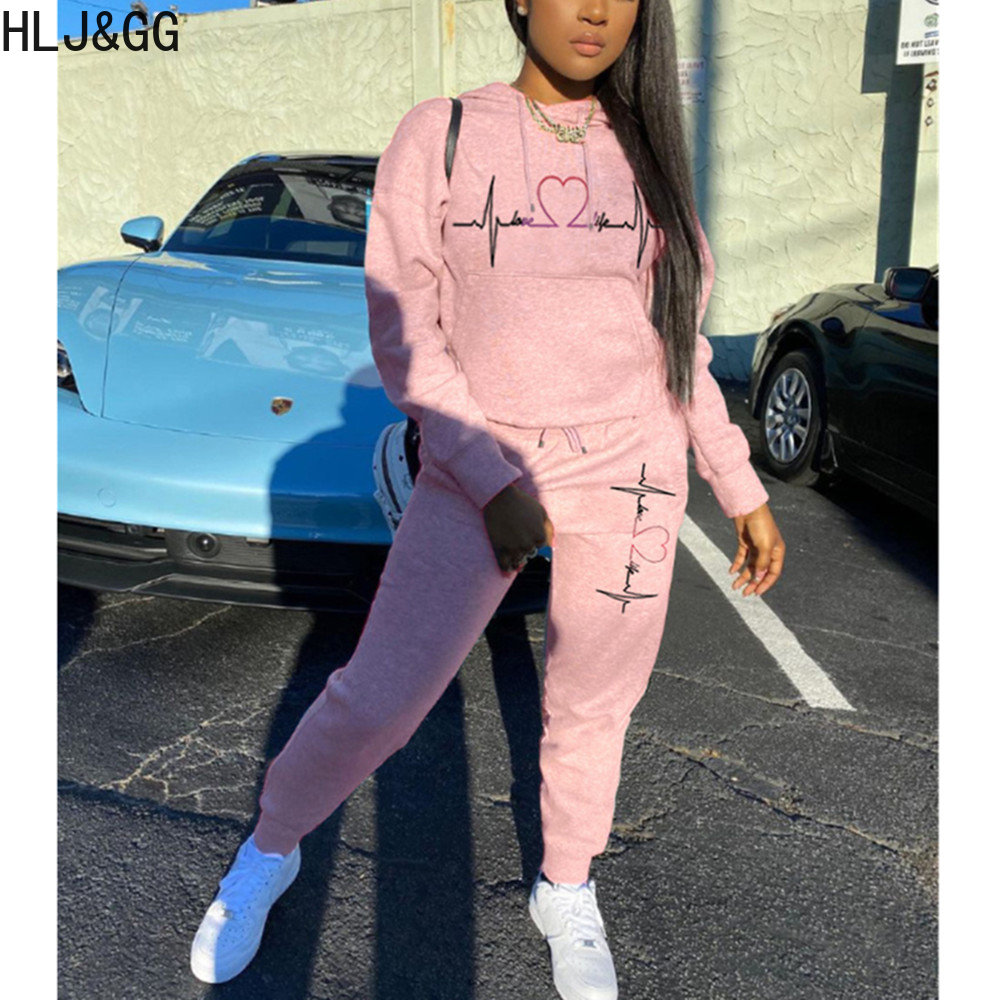 HLJ&GG Casual Print Long Sleeve Pullover + Jogger Pants Tracksuits Women Matching Sport 2pcs Outfits Spring Streetwear Cloth