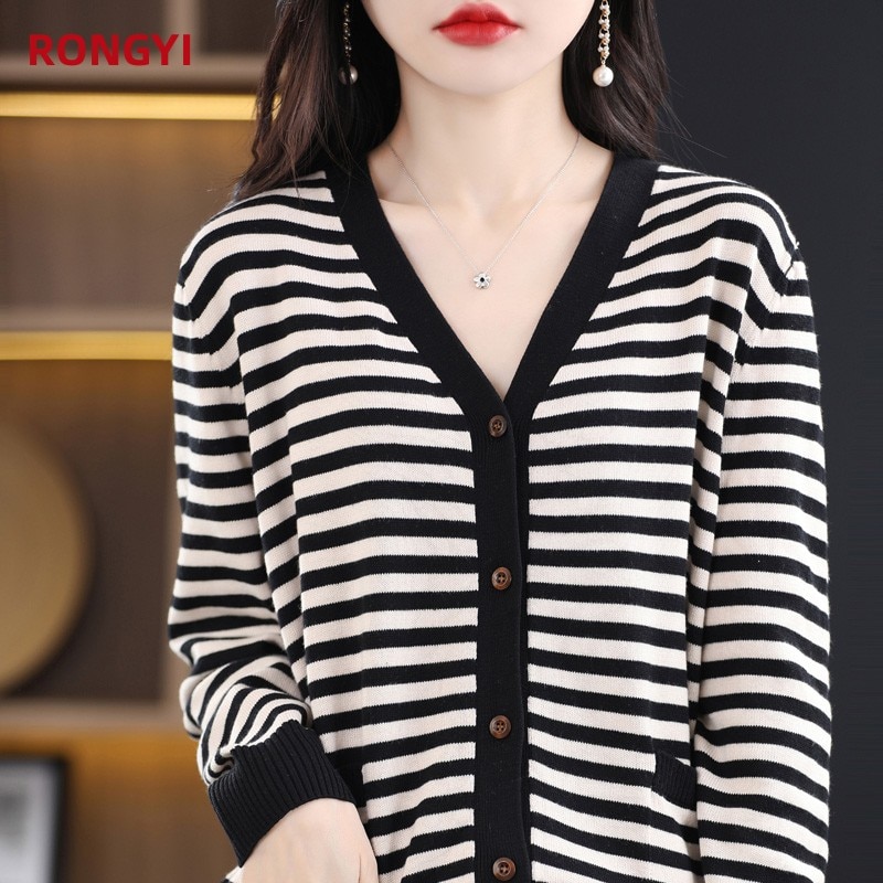 RONGYI 100% Cotton Woman Spring And Autumn V-Neck Cardigan Sweater Coat Striped Knit Fashion Bottoming Shirt New Style Hot Top
