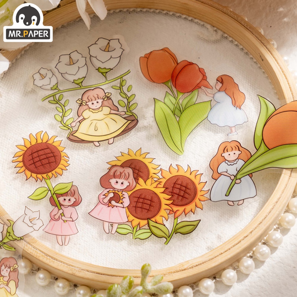 Mr. Paper 6Style 30pcs/bag Cartoon Girl PET Sticker Illustration Flower Rose Hand Account Material Decoration Stationery Sticker