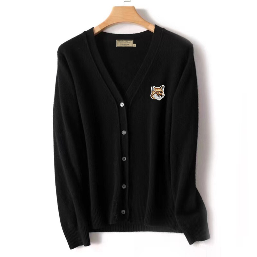 Women Sweaters Fox Embroidery Logo Appliqued Wool Cardigan Lady Slim Fit O-Neck Clothing Coat Street Harajuku Fashion Sweaters