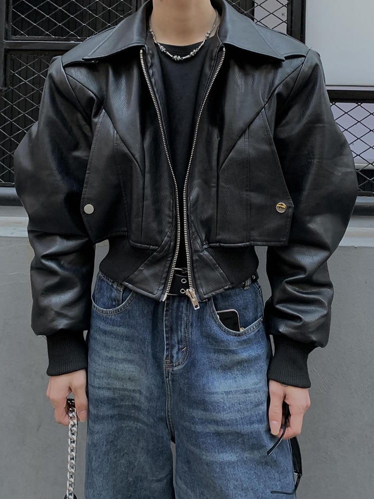 Mauroicardi Spring Autumn Cool Waterproof Black Pu Leather Jacket Men Shoulder Pads Long Sleeve Zipper Luxury Designer Clothes